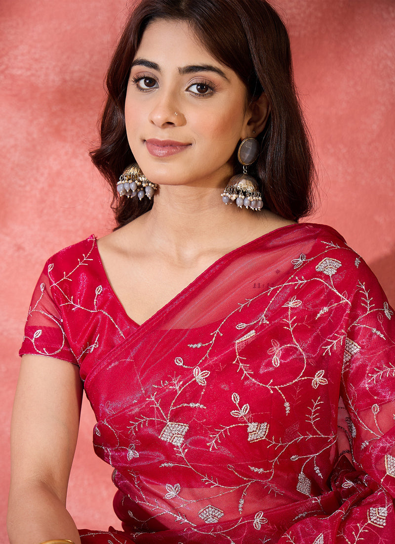 Vegaa Fashion Red Organza Sequence Embroidered Party Wear Saree - Distacart