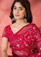 Vegaa Fashion Red Organza Sequence Embroidered Party Wear Saree - Distacart