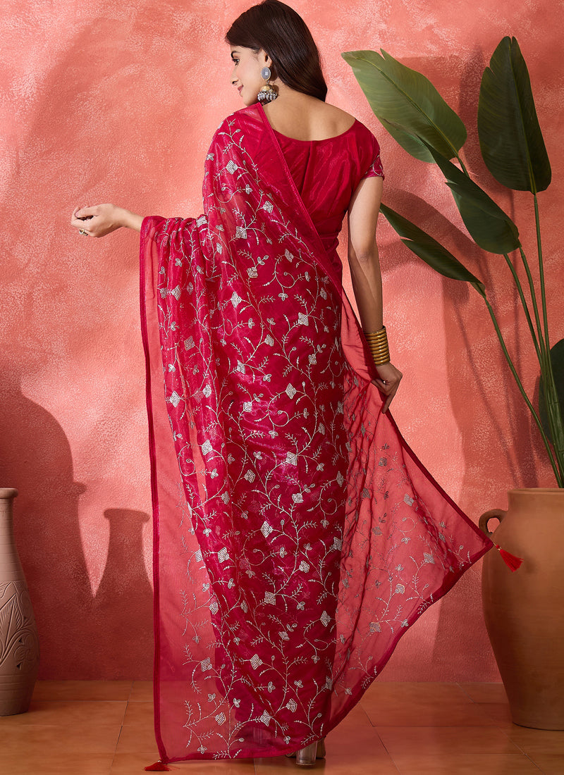 Vegaa Fashion Red Organza Sequence Embroidered Party Wear Saree - Distacart