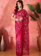 Vegaa Fashion Red Organza Sequence Embroidered Party Wear Saree - Distacart