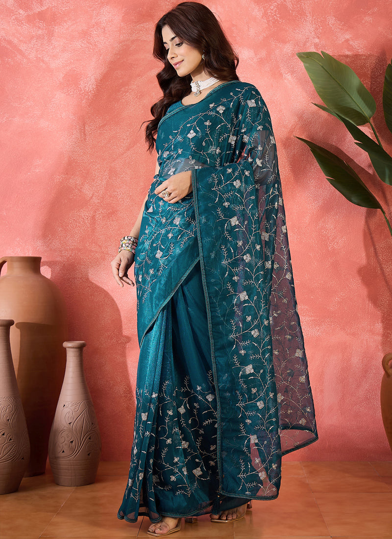 Vegaa Fashion Aqua Blue Organza Sequence Embroidered Party Wear Saree - Distacart