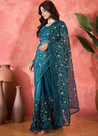 Vegaa Fashion Aqua Blue Organza Sequence Embroidered Party Wear Saree - Distacart