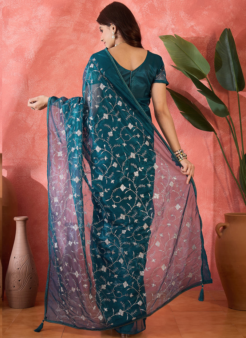 Vegaa Fashion Aqua Blue Organza Sequence Embroidered Party Wear Saree - Distacart