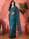 Vegaa Fashion Aqua Blue Organza Sequence Embroidered Party Wear Saree - Distacart