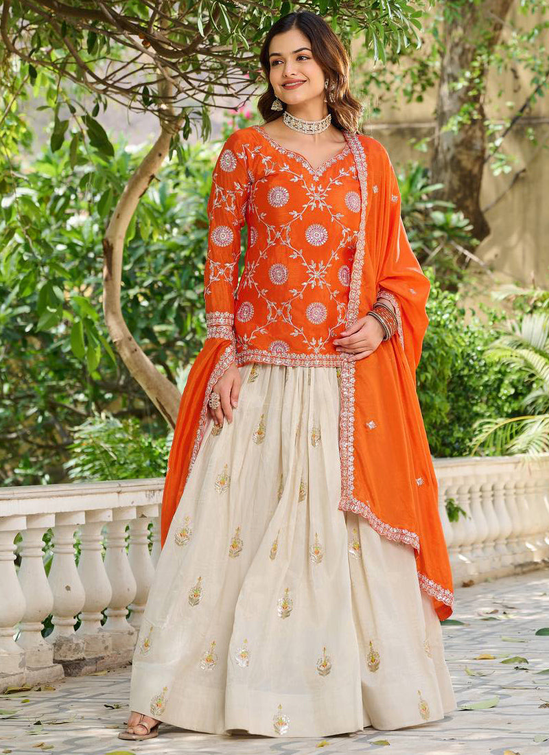 Vegaa Fashion Orange Chinon Silk Embroidered Lehenga Style Suit