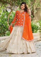Vegaa Fashion Orange Chinon Silk Embroidered Lehenga Style Suit