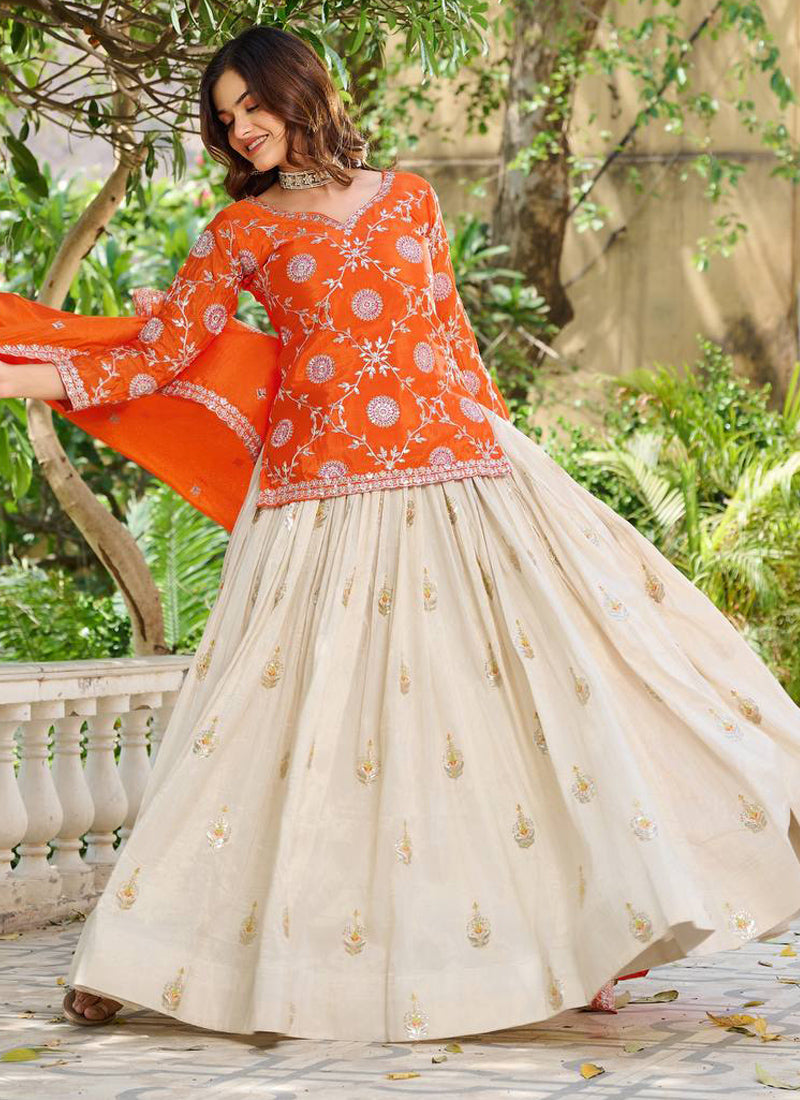 Vegaa Fashion Orange Chinon Silk Embroidered Lehenga Style Suit