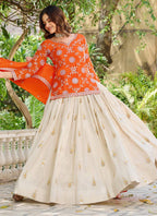 Vegaa Fashion Orange Chinon Silk Embroidered Lehenga Style Suit