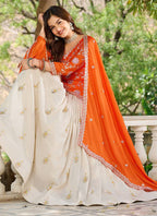 Vegaa Fashion Orange Chinon Silk Embroidered Lehenga Style Suit