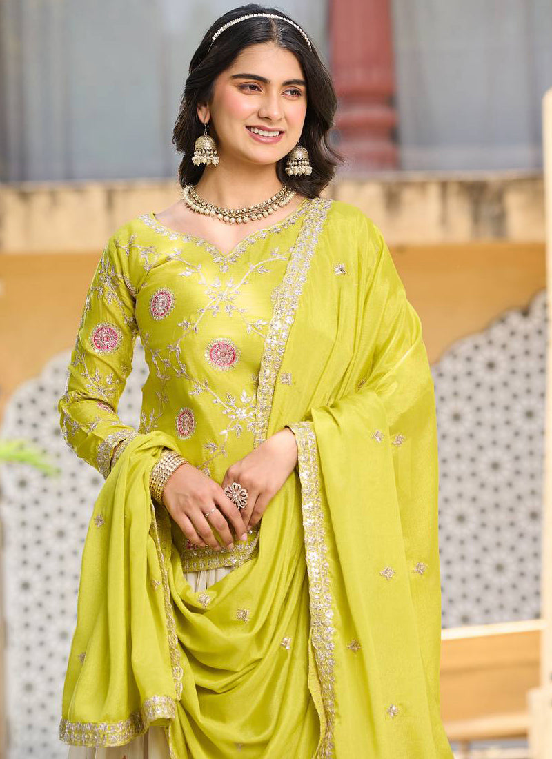 Vegaa Fashion Light Green Chinon Silk Embroidered Lehenga Style Suit - Distacart