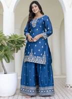 Vegaa Fashion Aqua Blue Chinon Silk Embroidered Palazzo Suit