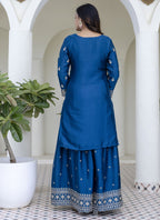 Vegaa Fashion Aqua Blue Chinon Silk Embroidered Palazzo Suit