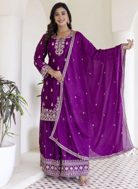 Vegaa Fashion Purple Chinon Silk Embroidered Palazzo Suit