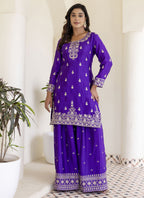 Vegaa Fashion Violet Chinon Silk Embroidered Palazzo Suit