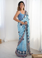 Vegaa Fashion Sky Blue Chinon Printed Party Wear Saree - Distacart