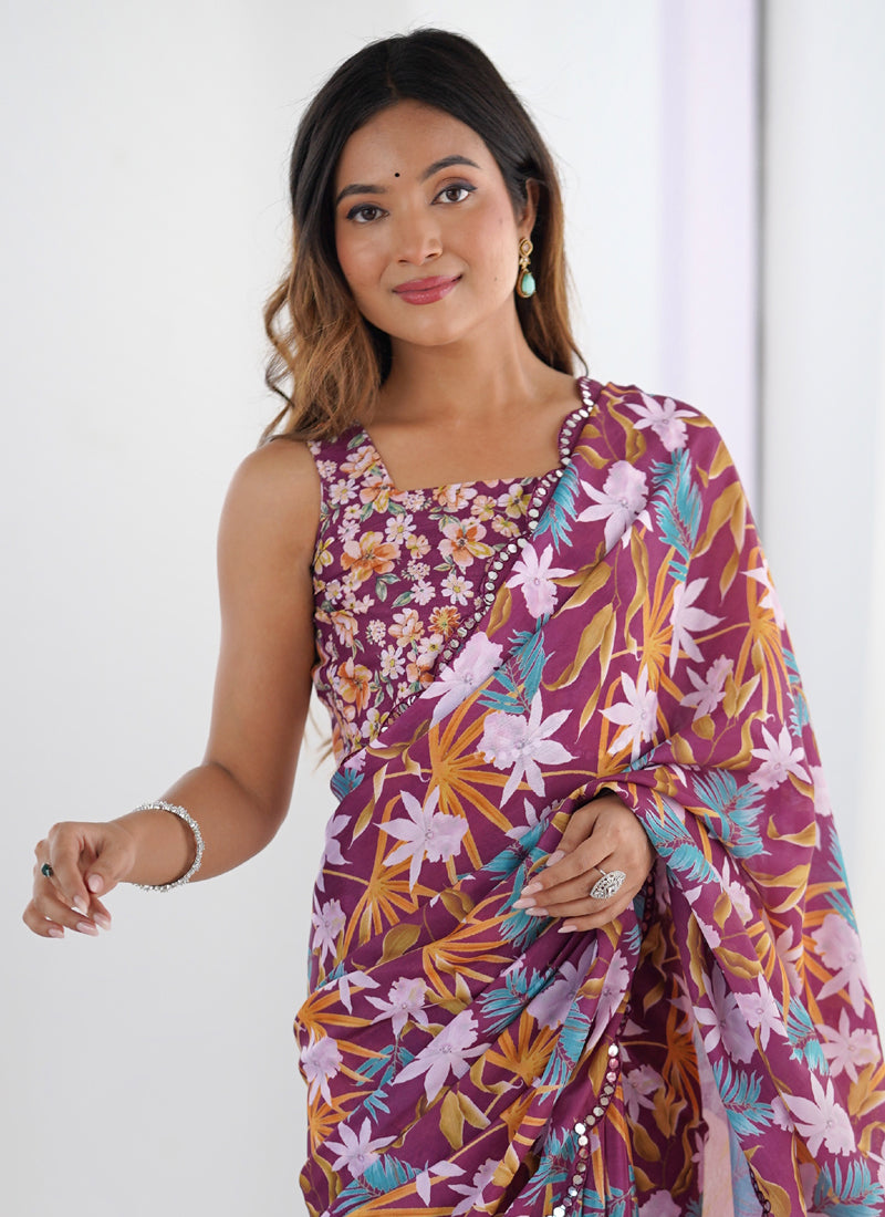 Vegaa Fashion Wine Chinon Printed Party Wear Saree - Distacart