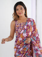 Vegaa Fashion Wine Chinon Printed Party Wear Saree - Distacart