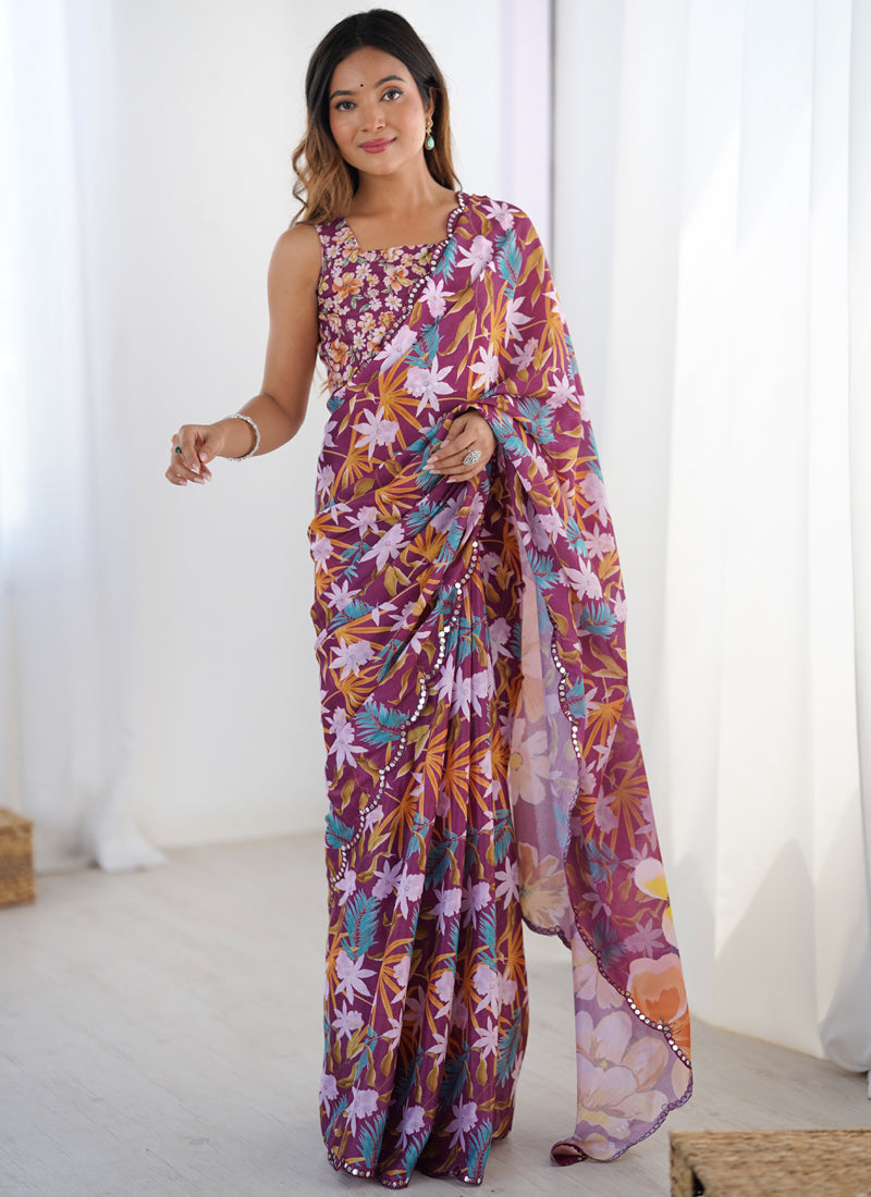 Vegaa Fashion Wine Chinon Printed Party Wear Saree - Distacart