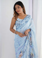 Vegaa Fashion Light Blue Chinon Printed Party Wear Saree - Distacart