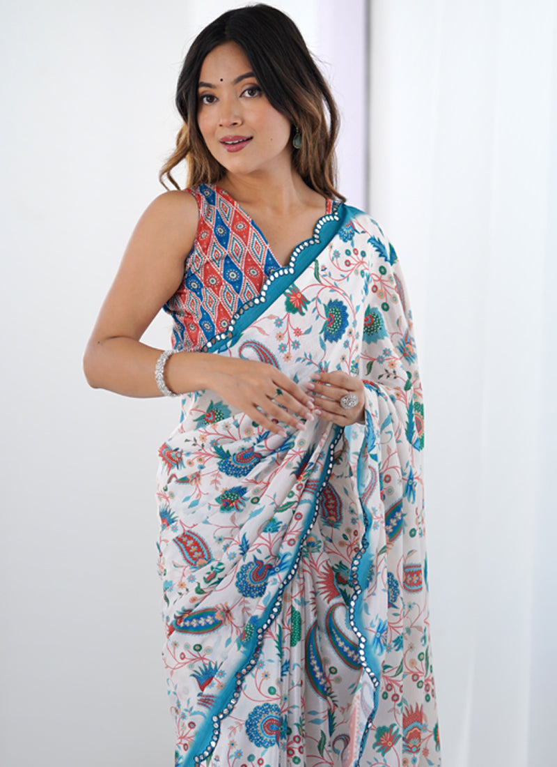 Vegaa Fashion Off White Chinon Printed Party Wear Saree - Distacart
