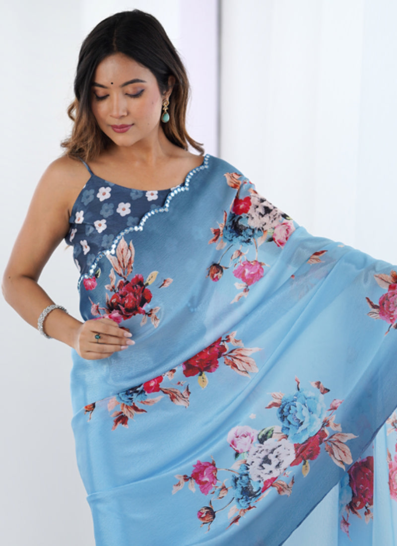 Vegaa Fashion Light Blue Chinon Printed Party Wear Saree - Distacart