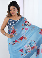 Vegaa Fashion Light Blue Chinon Printed Party Wear Saree - Distacart
