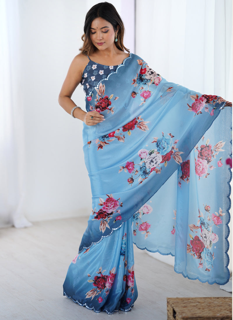 Vegaa Fashion Light Blue Chinon Printed Party Wear Saree - Distacart