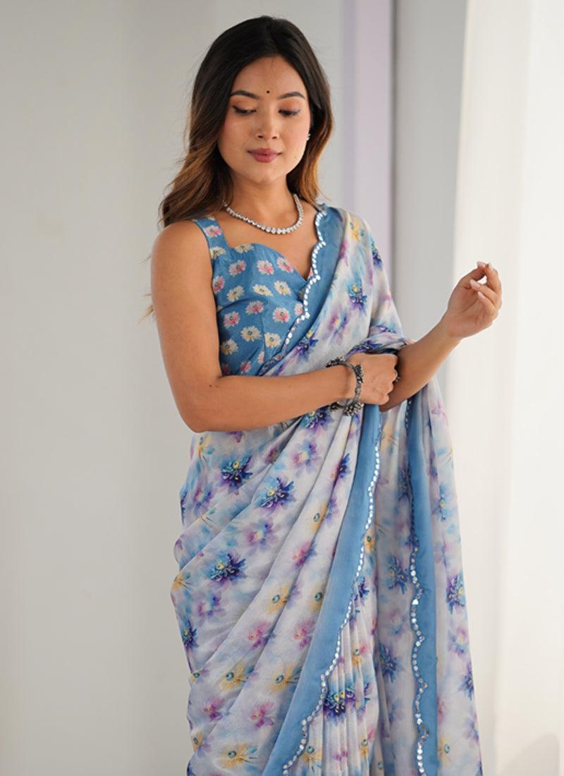 Vegaa Fashion Off White Chinon Printed Party Wear Saree - Distacart