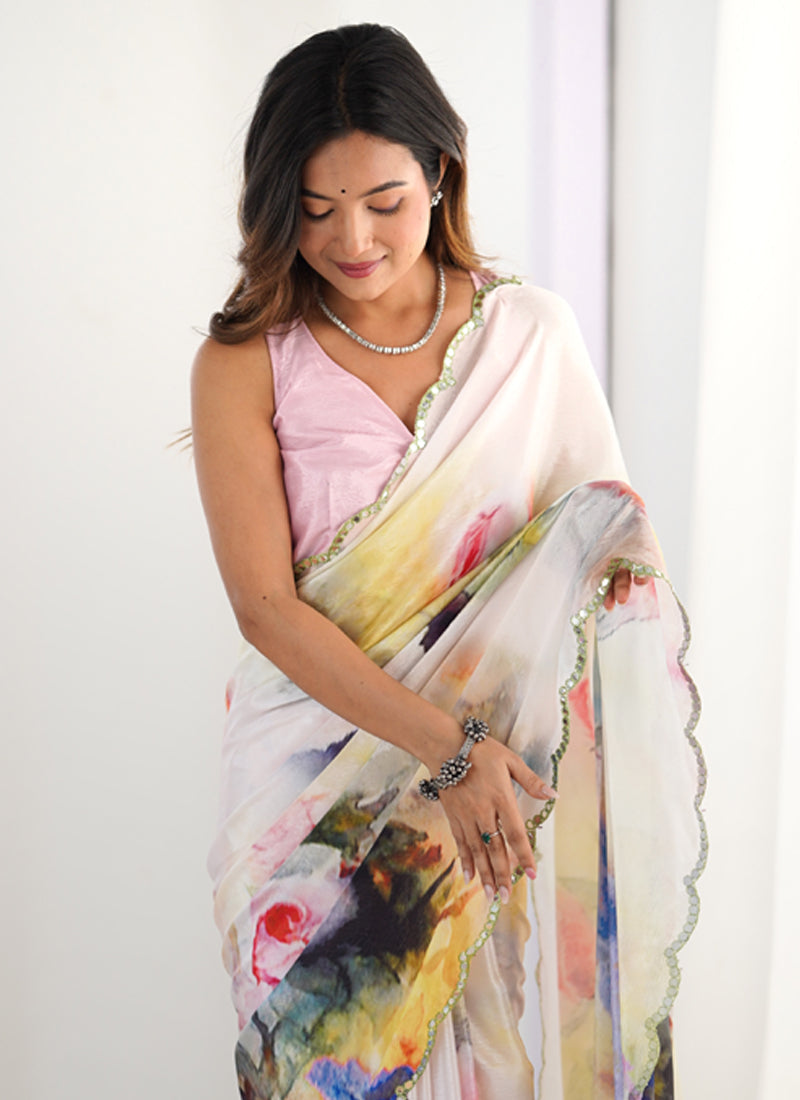 Vegaa Fashion Off White Chinon Printed Party Wear Saree - Distacart