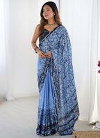 Vegaa Fashion Light Blue Chinon Printed Party Wear Saree - Distacart