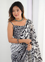 Vegaa Fashion Off White Chinon Printed Party Wear Saree - Distacart