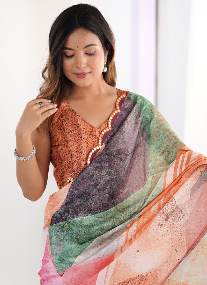 Vegaa Fashion Multi Color Chinon Printed Party Wear Saree - Distacart