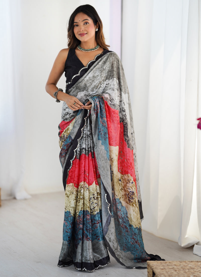 Vegaa Fashion Multi Color Chinon Printed Party Wear Saree - Distacart