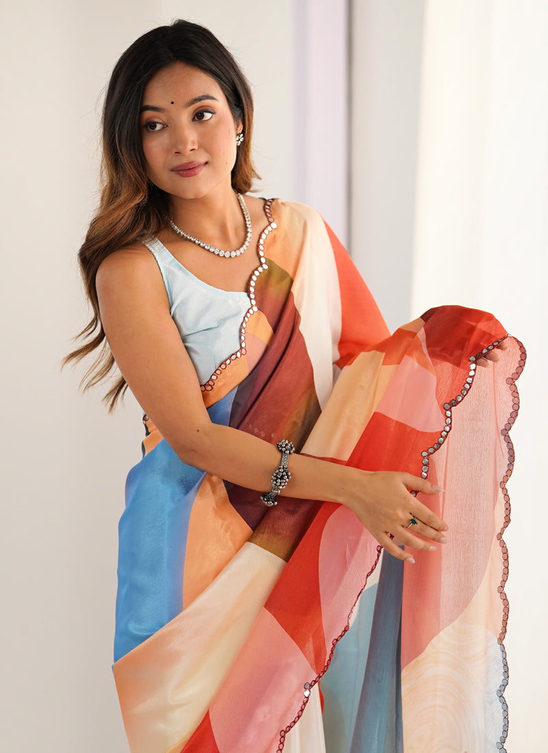 Vegaa Fashion Multi Color Chinon Printed Party Wear Saree - Distacart