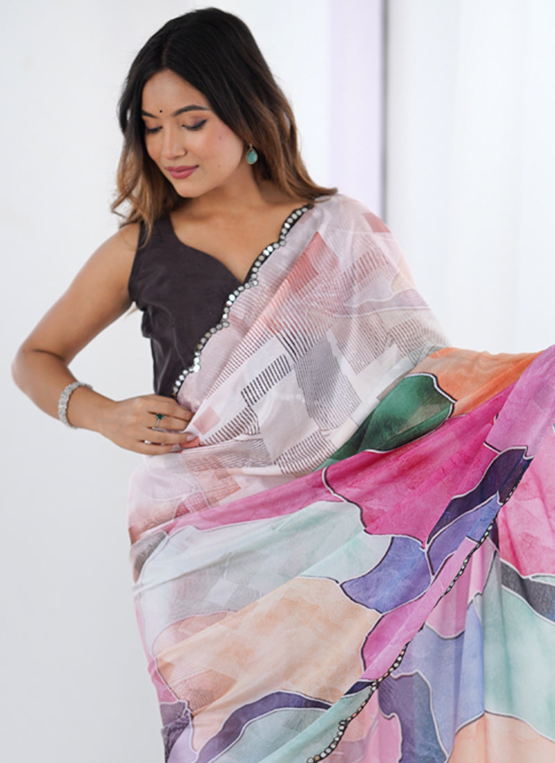 Vegaa Fashion Multi Color Chinon Printed Party Wear Saree - Distacart