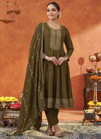 Vegaa Fashion Dark Golden Silk Blend Embroidered Designer Salwar Suit - Distacart