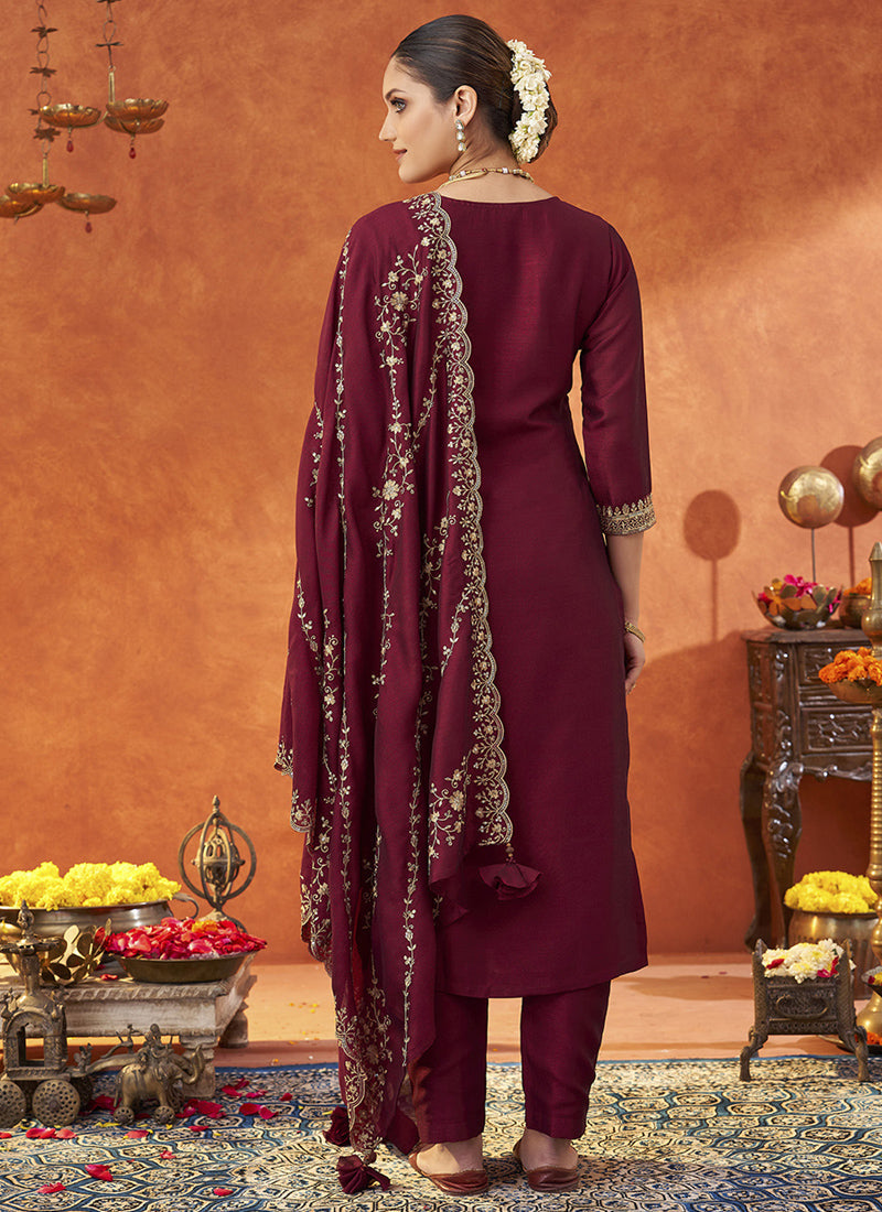 Vegaa Fashion Maroon Silk Blend Embroidered Designer Salwar Suit - Distacart