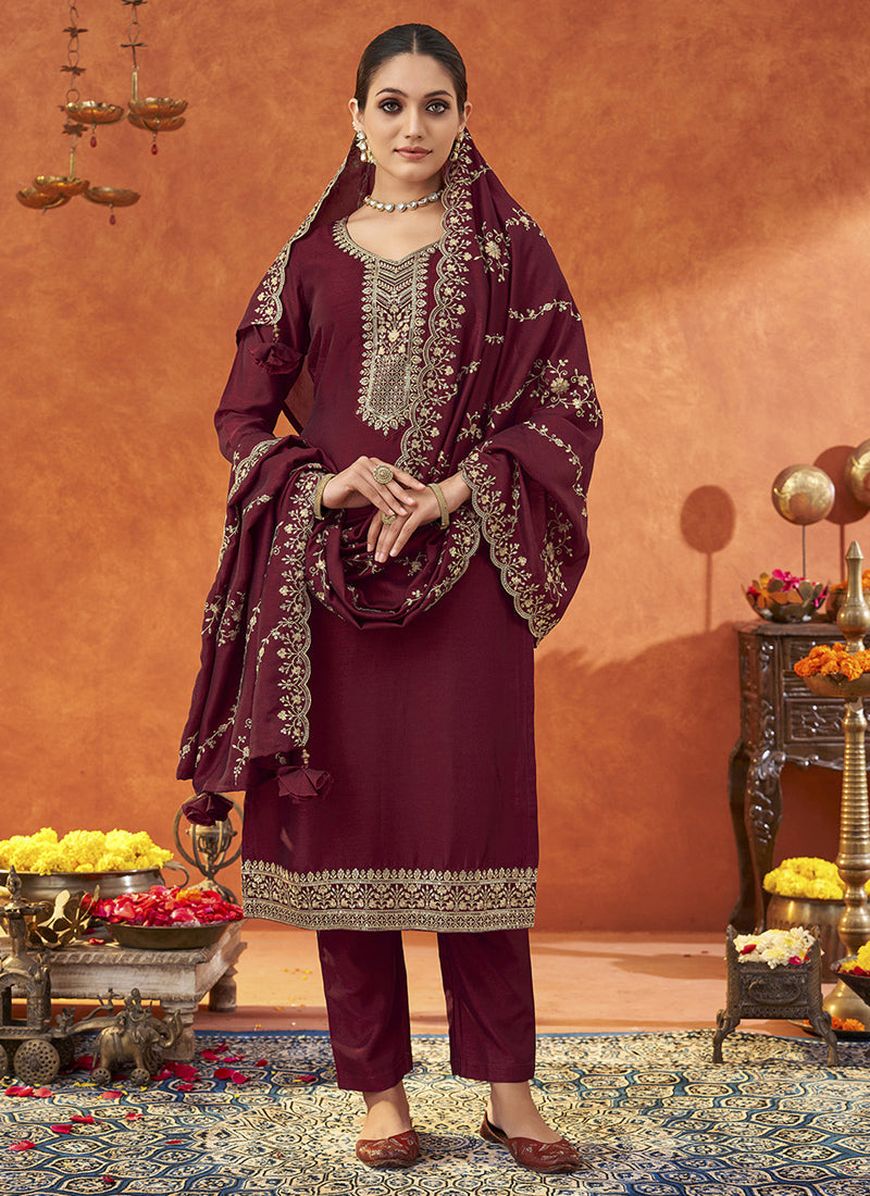 Vegaa Fashion Maroon Silk Blend Embroidered Designer Salwar Suit - Distacart