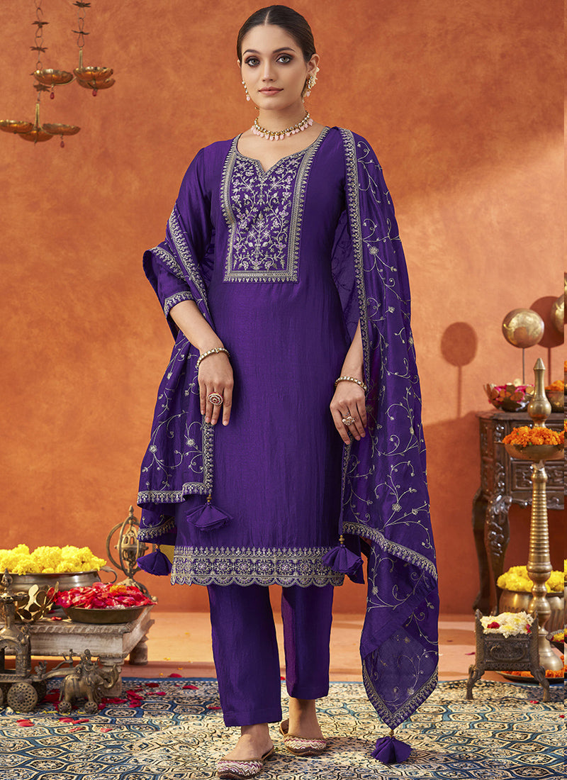 Vegaa Fashion Violet Silk Blend Embroidered Designer Salwar Suit - Distacart