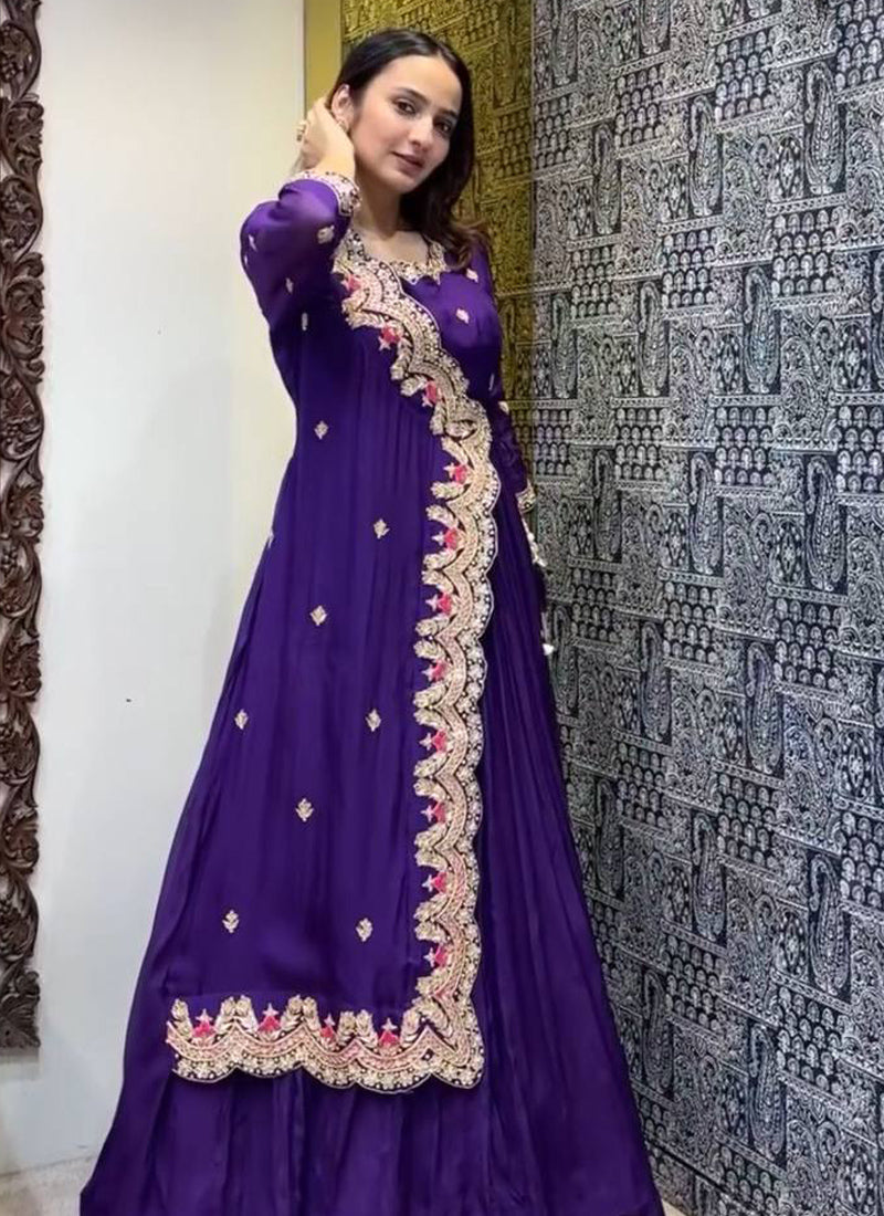 Vegaa Fashion Violet Georgette Embroidered Designer Gown - Distacart