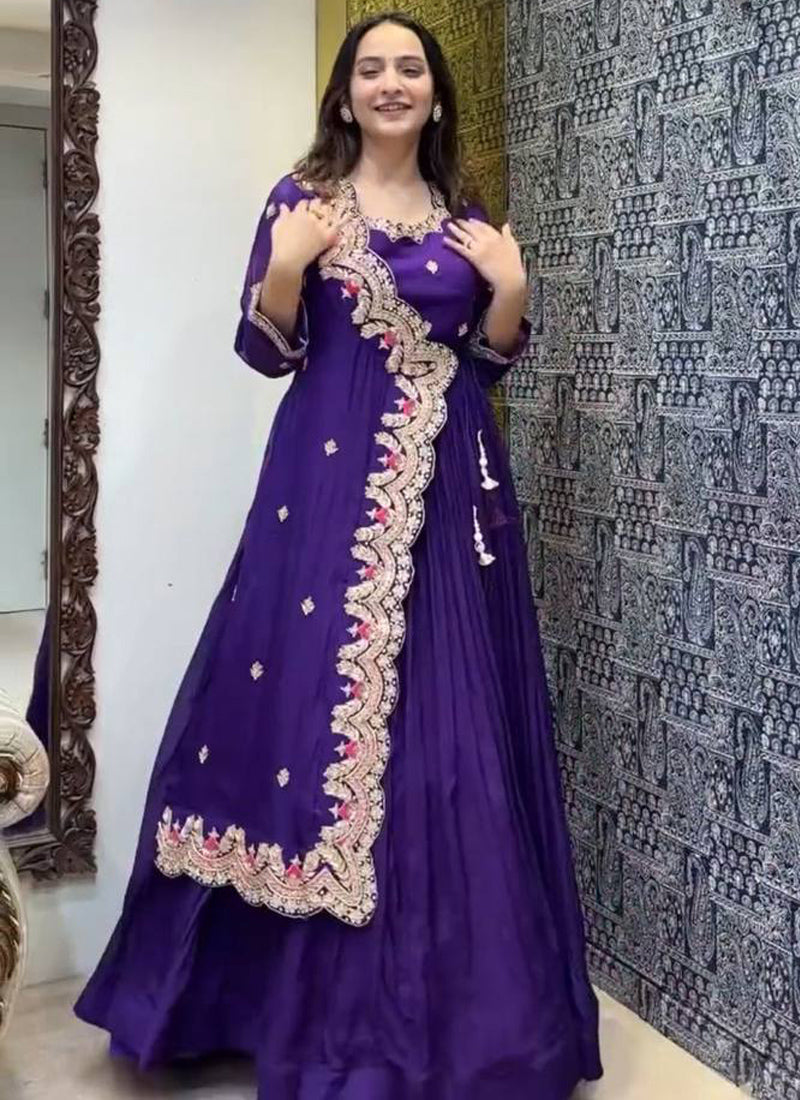 Vegaa Fashion Violet Georgette Embroidered Designer Gown - Distacart