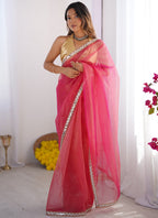 Vegaa Fashion Pink Organza With Lace Work Designer Saree - Distacart