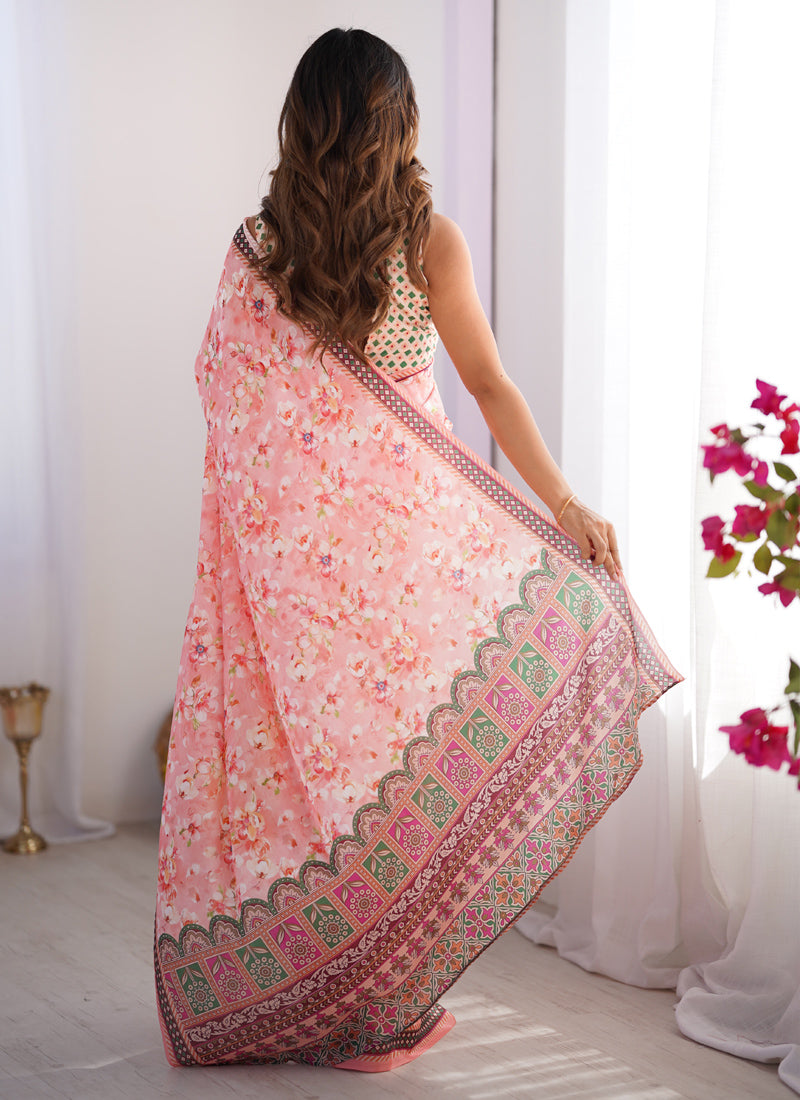 Vegaa Fashion Light Red Organza With Lace Work Designer Saree - Distacart