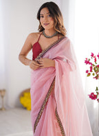 Vegaa Fashion Baby Pink Organza With Lace Work Designer Saree - Distacart