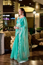 Vastranavya Turquoise Embroidery Work Shimmer Chiffon Saree with Unstitched Blouse - Distacart