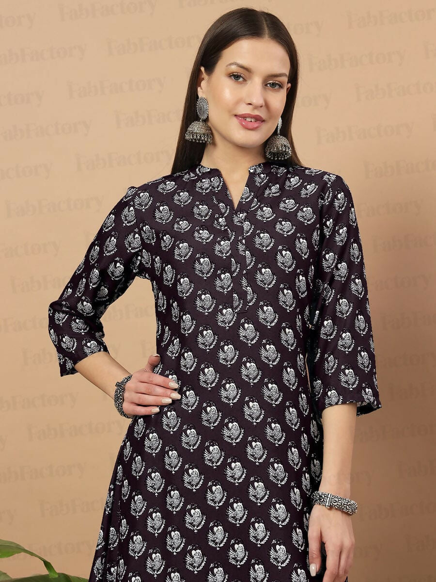 Vamika Poly Rayon Printed Wine Red Party Wear/Casual Wear/Office Wear Kurta Set/Suit