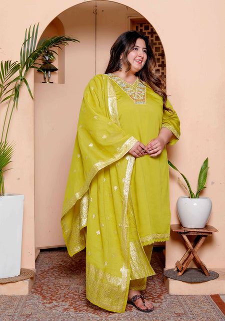 Miravan Womens Plus Size Muslin Yellow Kurta and Palazzo with Dupatta Set
