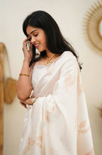 DEIANA'S Beautiful Designer Golden zari Soft Lichi Silk Saree - White