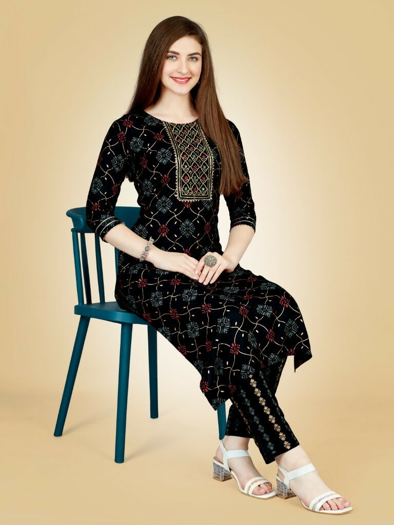 Jyoti Fashion Women's Black Viscose Rayon Embroidered Kurta Pant Set