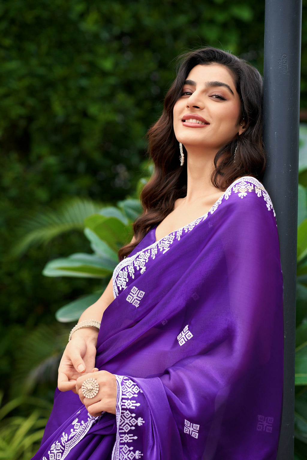 Vastranavya Purple-Blue Embroidery Work Shimmer Chiffon Saree with Unstitched Blouse - Distacart